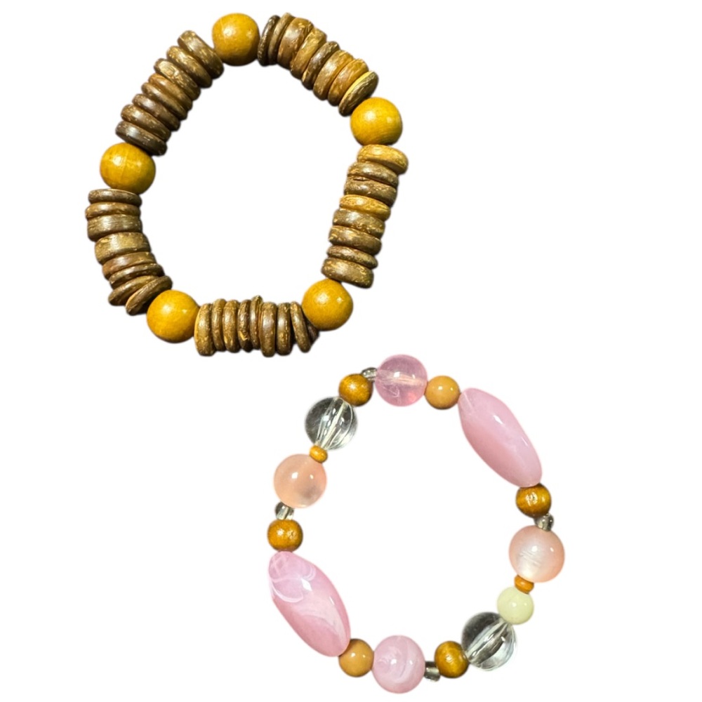Wooden and Pink Beaded Bracelet Set